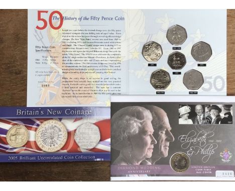 Scarce 1992-1993 50p in Presentation Set with 2005 Royal Mint Brilliant Uncirculated Three Coin Set and 2007 Gibraltar Diamon