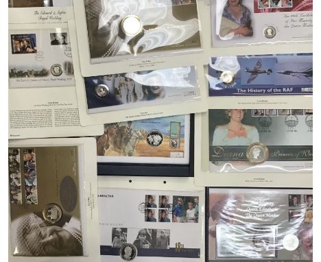 Ten Silver Coin First Day Covers, including Queen Mother 100 birthday limited edition £5 Banknote and Silver £5 Coin, Charge 