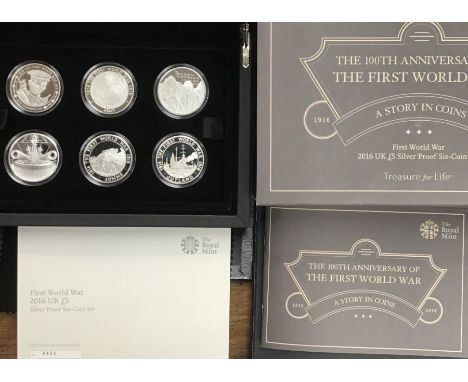 Royal Mint 2016 Silver Proof First World War set of six £5 Coins in Original Case with Certificate of Authenticity.