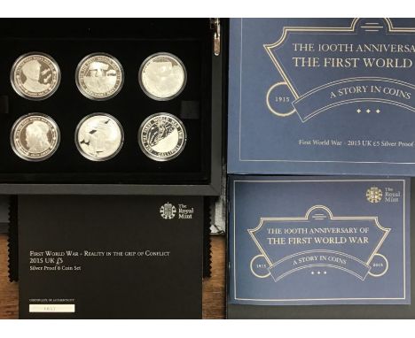 Royal Mint 2015 Silver Proof First World War set of six £5 Coins in Original Case with Certificate of Authenticity.