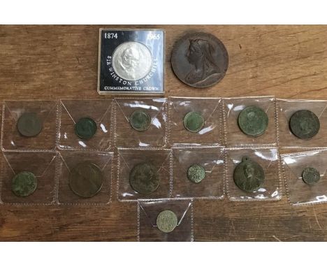 Collection of metal detector found British copper coins and tokens with 1897 diamond jubilee large bronze medal and a 1965 Ch