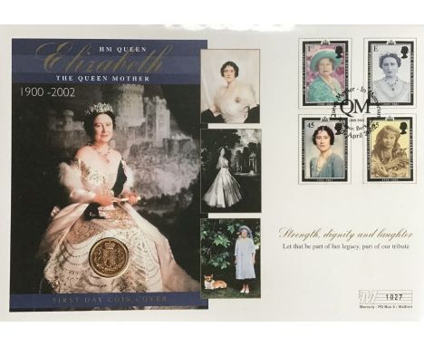 Royal Mint 2002 Sovereign in a First Day Cover Commemorating the life of The Queen Mother. In Original Presentation Folder.