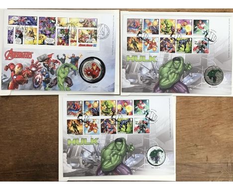 Royal Mint &amp; Royal Mail Silver Medal first day Covers set of Iron Man with two BU Hulk first day Cover sets with original