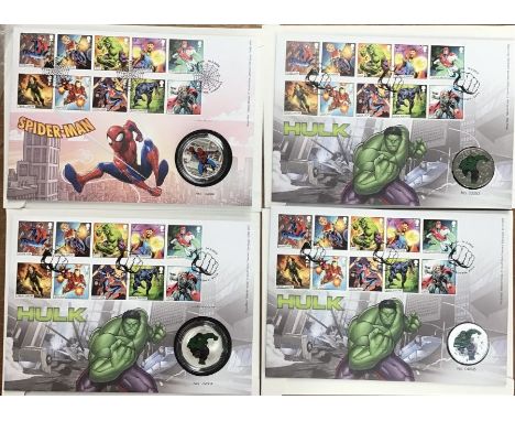 Royal Mint &amp; Royal Mail Silver Medal first day Covers sets of Spider-Man and The Hulk with two BU Hulk first day Cover se