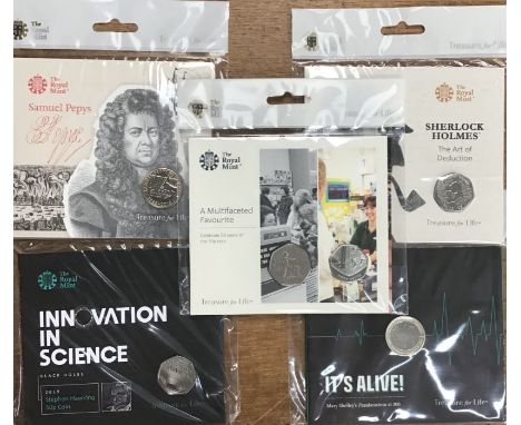 Royal Mint Brilliant Uncirculated 50p &amp; £2 coins in Original Presentation Folders, includes Frankenstein £2, Stephen Hawk