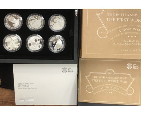 Royal Mint 2017 Silver Proof First World War set of six £5 Coins in Original Case with Certificate of Authenticity.