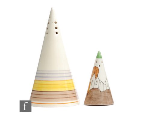 A Clarice Cliff Conical pepper pot circa 1932, hand painted with a stylised castle landscape with green banding, unmarked, he