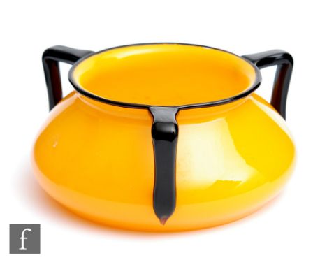 A 1930s Art Deco&nbsp;Michael Powolny for Loetz Tango range glass bowl,&nbsp;with three applied black handles over a graduate