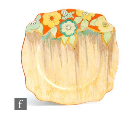A Clarice Cliff Leda shape plate circa 1934, hand painted in the Jonquil pattern with stylised flowers and foliage over a Del