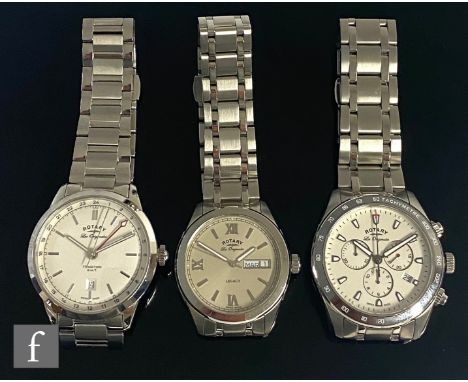 Three gentleman's stainless steel Rotary wrist watches to include a Legacy and Tradition GMT examples, each to a steel bracel