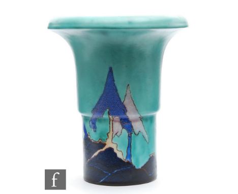 A Clarice Cliff shape 373 Archaic vase circa 1929, hand painted in the Inspiration Caprice pattern with a stylised landscape 