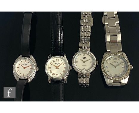 Five ladies stainless steel, quartz Rotary wrist watches to include steel bracelet and leather strap examples, three with mot