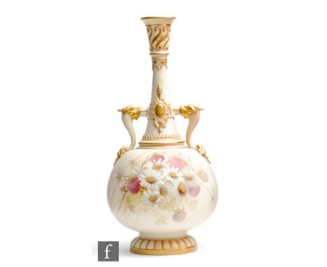 A late 19th Century Royal Worcester blush ivory shape 1445 vase decorated with a spray of enamel and gilt flowers against the