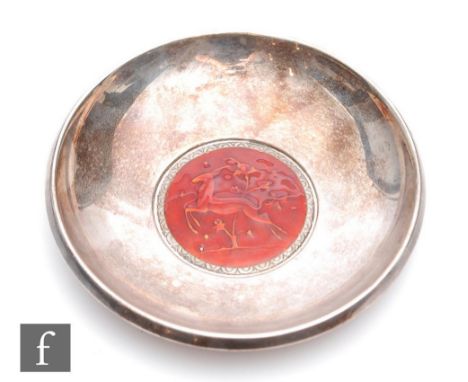 A 1930s&nbsp;Ottar Hval Art Deco&nbsp;Norwegian 830 Silver and Enamel Dish, the centre decorated with a stylised leaping gaze