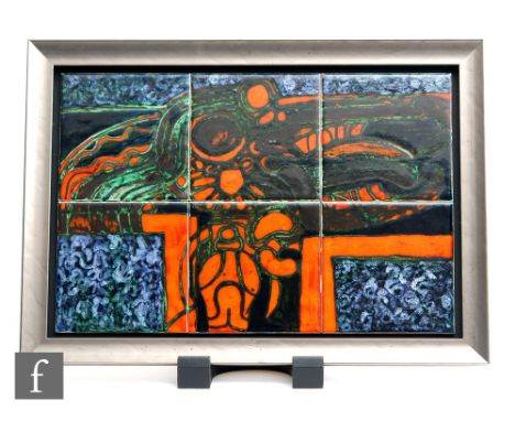 A later 20th Century Poole Pottery tile panel decorated by Tony Morris, the six 6 inch tiles decorated with an abstract desig