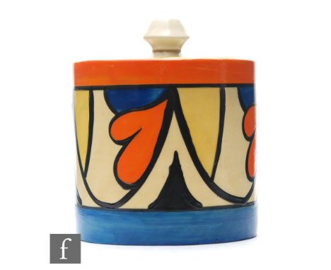 A Clarice Cliff drum shaped preserve pot circa 1929, hand painted in the Double V pattern with double V motifs and stylised l