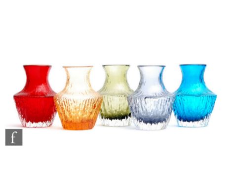 Five Whitefriars Textured range Pot Bellied vases designed by Geoffrey Baxter, pattern 9832 in ruby, lilac, golden amber, kin