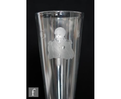 An 18th Century drinking glass, the over sized tall funnel bowl engraved with a portrait of Generalfeldmarschall Gebhard Lebe