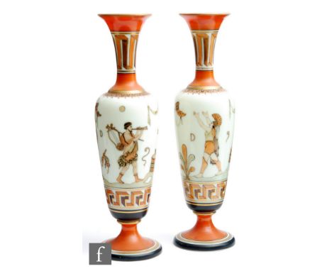 A pair of 19th Century Etruscan style cases in the manner of Richardson's, of footed slender ovoid form with flared collar ne