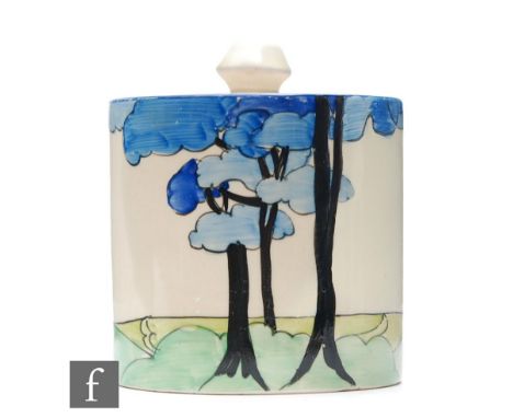 A Clarice Cliff drum shape preserve pot and cover circa 1933, hand painted in the Blue Firs pattern with a stylised tree line