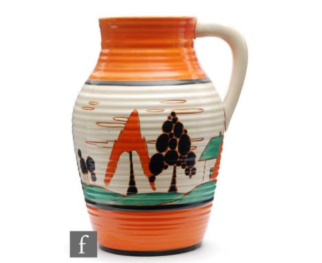 A Clarice Cliff 12 inch single handled Lotus jug circa 1930, hand painted in the Orange Trees &amp; House pattern with a band