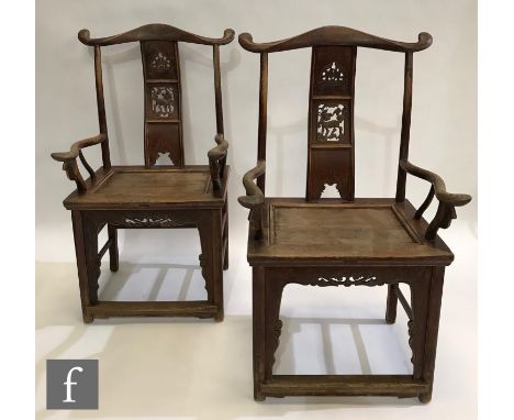 A pair of Chinese Huanghuali style official's chairs, (Republic Period 1912-1944), the yoke shaped official's hat top rail wi