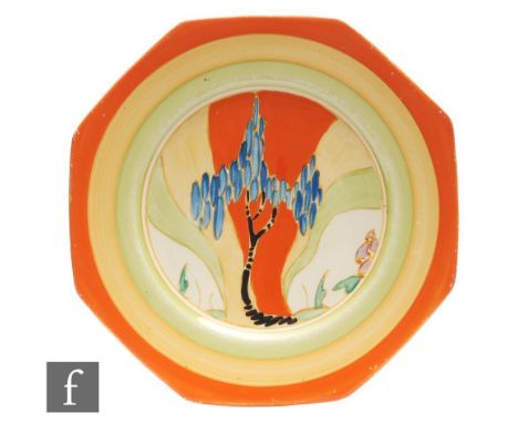 A Clarice Cliff Octagonal plate circa 1933, hand painted in the Windbells pattern with a stylised tree and flower landscape w