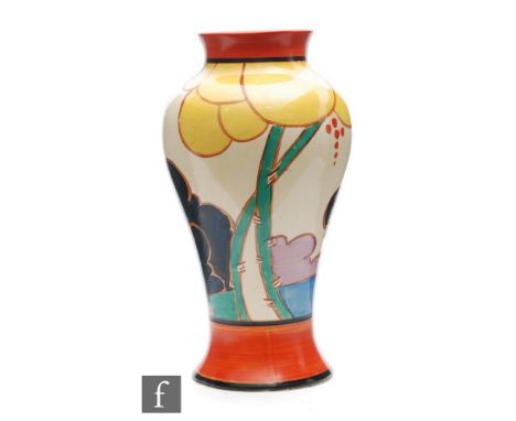 A Clarice Cliff vase circa 1931, hand painted in the Summerhouse pattern with a stylised pagoda and tree garden landscape bet