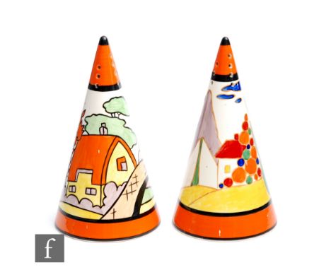 Two later 20th Century Wedgwood reproduction Clarice Cliff Conical sugar sifters made for the Clarice Cliff Collectors Club, 