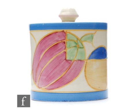 A Clarice Cliff drum shaped preserve pot and cover circa 1932, hand painted in the Pastel Melon pattern with a band of abstra