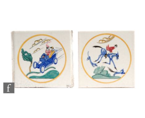 Two Carter's Poole Pottery 6 inch tiles from the Sporting series designed by Edward Bawden, comprising 'Driving' and 'Hunting