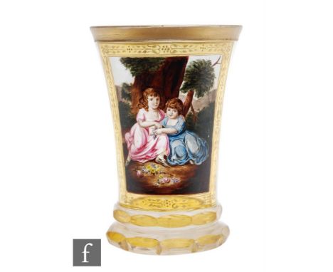 An early 19th Century Vienna enamelled Ranftbecher circa 1820, in the manner of Anton Kothgasser, of typical waisted form, fi