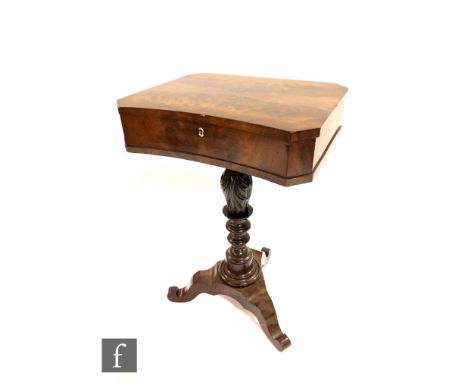 A 19th Century mahogany work table of cartouche outline, the hinged top opening to reveal a fitted interior, all above an aca