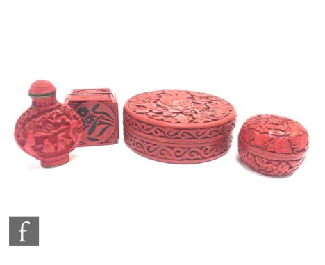 A collection of Chinese cinnabar lacquer items, to include a circular lidded pot carved with lotus, diameter 10cm, a snuff bo