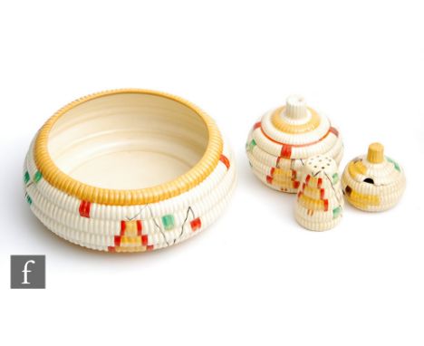 A small collection of Clarice Cliff Raffia pattern wares to comprise a shallow bowl, preserve pot and pepper and mustard, all