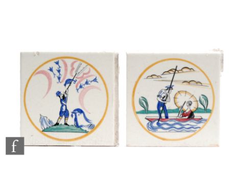 Two Carter's Poole Pottery 6 inch tiles from the Sporting series designed by Edward Bawden comprising 'Punting' and 'Shooting