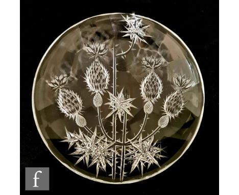 A Podebrady Glassworks clear crystal glass plaque by&nbsp;Josef Svarc of shallow circular form, cut and engraved with stylise