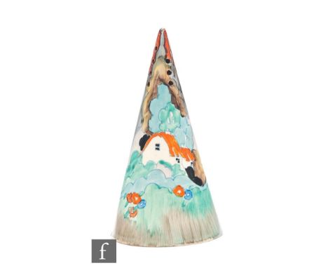 A Clarice Cliff Conical shape sugar sifter circa 1936, hand painted in the Forest Glen pattern with a stylised tree and cotta