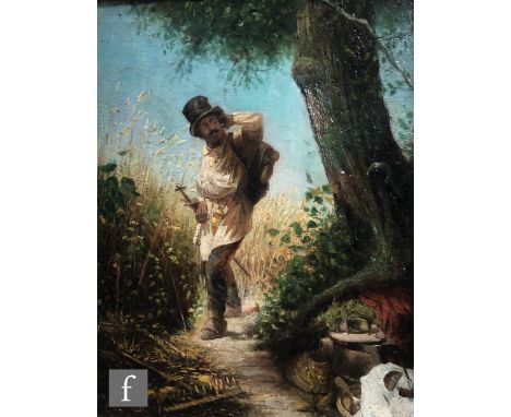 J. JONES (MID 19TH CENTURY) - Figure on a path beside a cornfield, oil on panel, signed indistinctly verso, framed, 23.5cm x 
