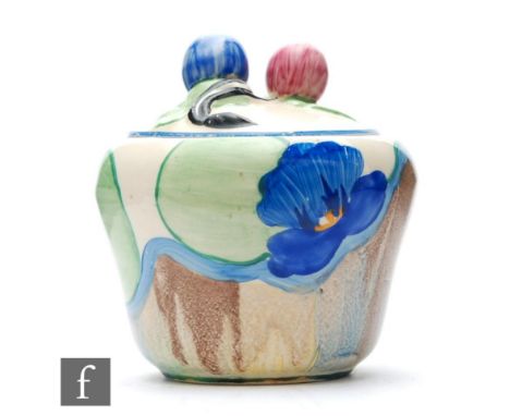 A small Clarice Cliff shape 230 preserve circa 1932, hand painted in the Delecia Pansies pattern with flowers and foliage ove