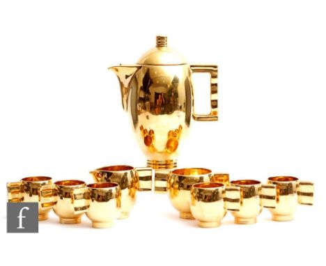 A 1930s Carlton Ware Art Deco Moderne shape coffee set comprising coffee pot, milk jug, sugar bowl, six cups and saucers, all