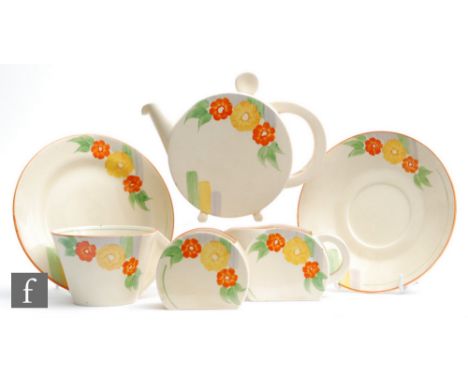A 1930s A.J. Wilkinson and Clarice Cliff Bon Jour bachelor tea service circa 1935, comprising teapot, milk, sugar, teacup, sa