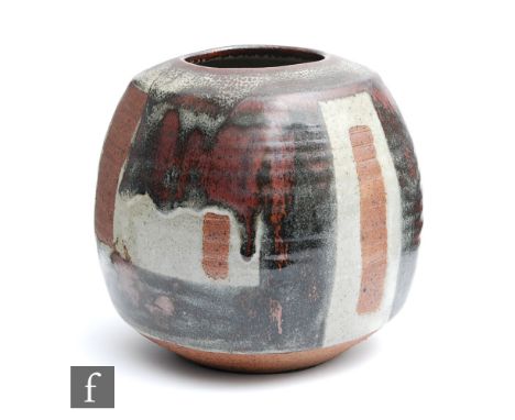 A later 20th Century studio pottery vase by Janet Leach, the square body decorated with wax resist and tonal glazed rectangle