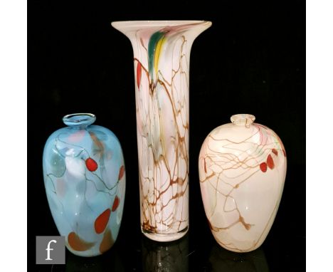 A later 20th Century Art Glass vase by William Walker, of cylinder form internally decorated with trails of cinnamon with spo