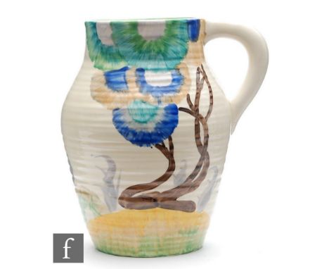 A Clarice Cliff 7.5 inch single handled Lotus jug circa 1934, hand painted in the Viscaria pattern with a stylised tree lands