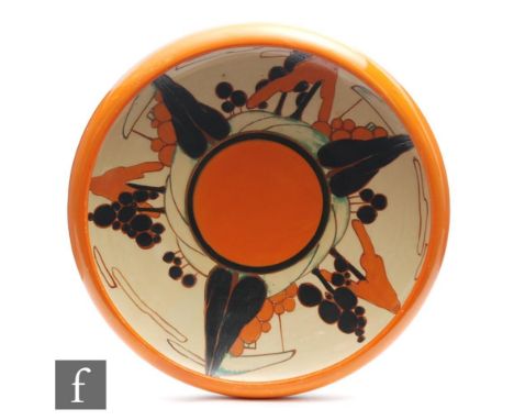 A Clarice Cliff Hiawatha floating bowl circa 1930, radially hand painted to the interior in the Orange Trees &amp; House with