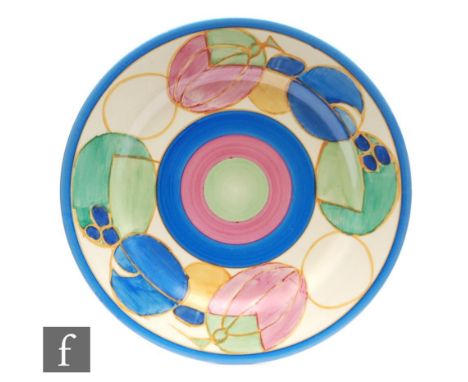 A Clarice Cliff 9 inch circular plate circa 1932, hand painted in the Pastel Melon pattern with a band of stylised fruit with