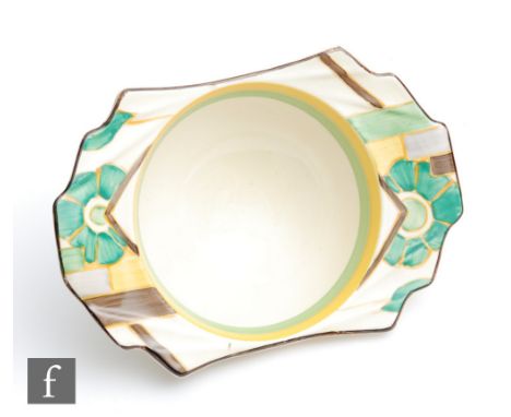 A Clarice Cliff Grapefruit dish circa 1936, hand painted in the Moonflower design with an abstract flower and block motif in 