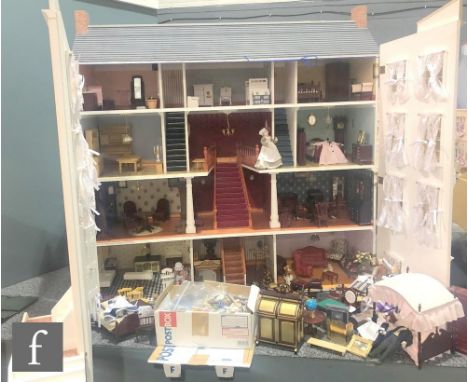 A contemporary three storey dolls house with integral basement and stepped entrance, split front opening, interior walls, wir