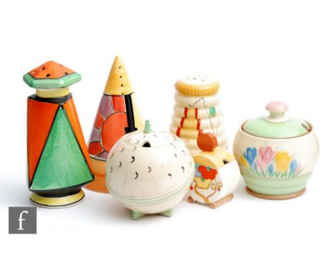 A small collection of Clarice Cliff to include a Bon Jour mustard pot and cover in the Florette pattern circa 1936, a Raffia 